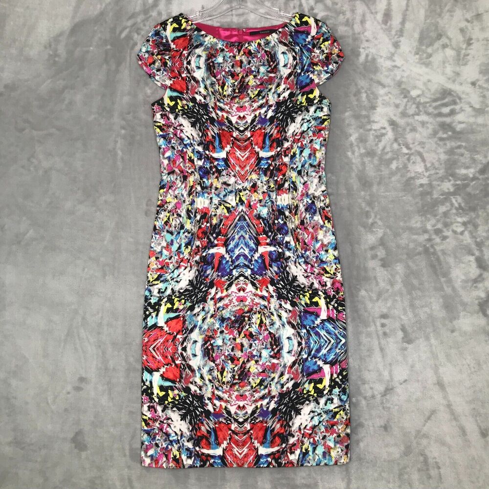 Tahari Dress Womens 4 Multicolor Geometric Print Cap Sleeve Crew Neck Sheath - Picture 1 of 14